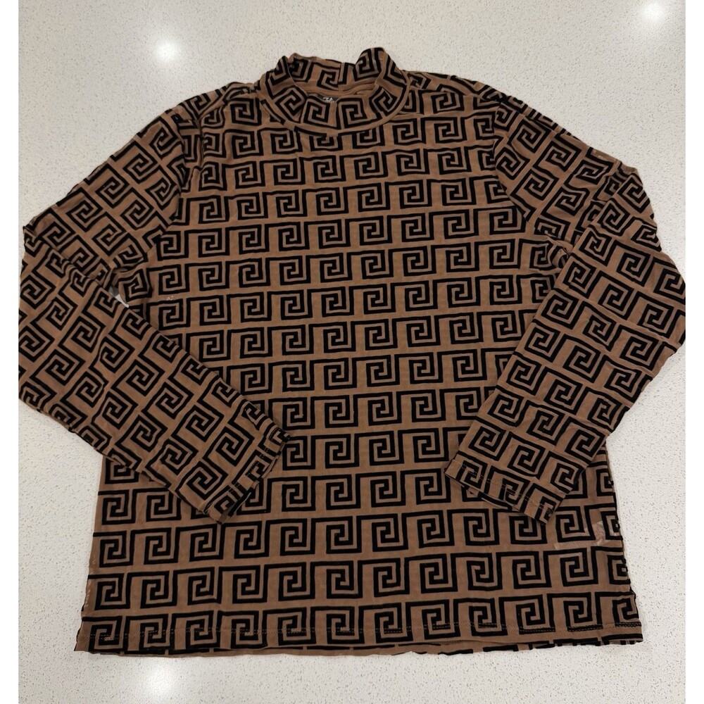 Jolie & Joy Women’s Brown And Black Mock-neck Long Sleeve Top Greek key Size 2X
